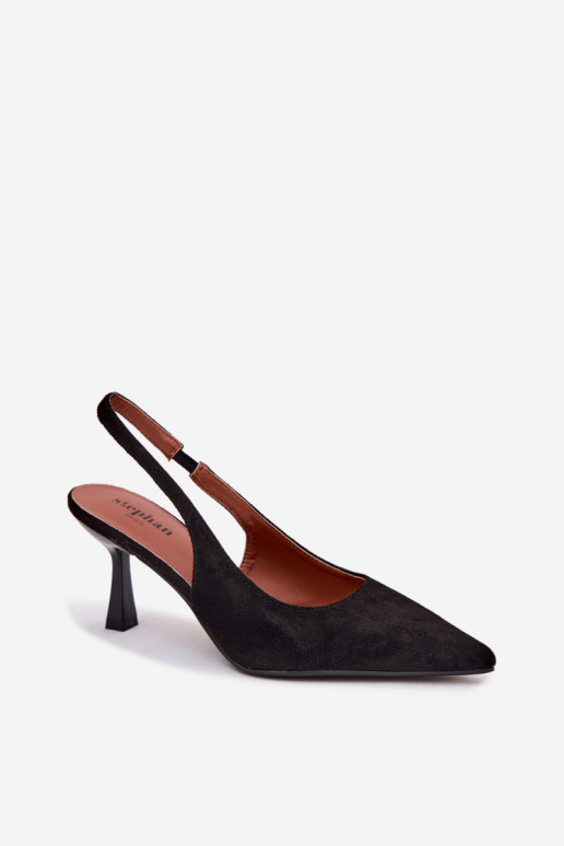 Sandálias femininas com salto finoImitacji de camurçau cor preta Saria