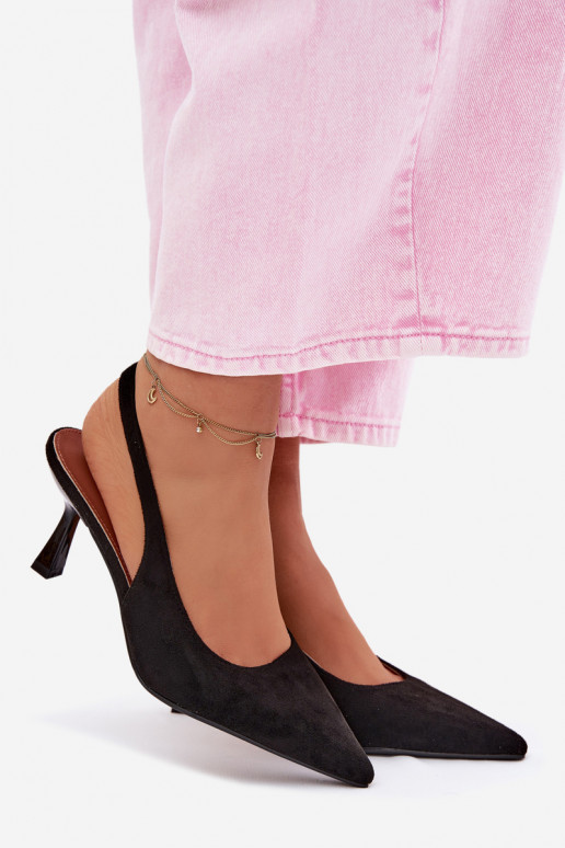 Sandálias femininas com salto finoImitacji de camurçau cor preta Saria