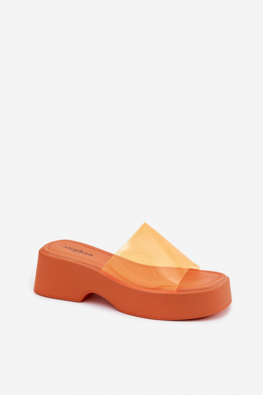 Chinelos de plataforma laranja com tiras transparentes Selestia