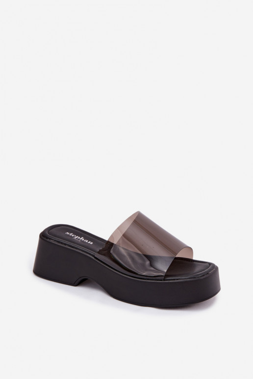 Chinelos femininos com uma plataformaTransparentnym Tirasem cor preta Selestia