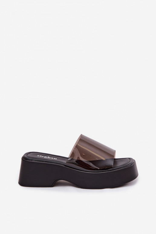 Chinelos femininos com uma plataformaTransparentnym Tirasem cor preta Selestia