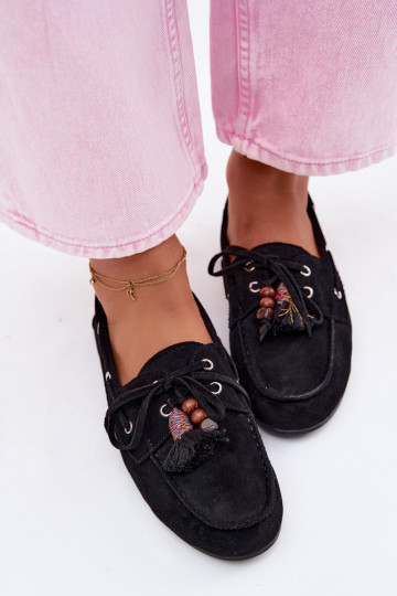 Mocassins femininos pretos com franjas Teresa