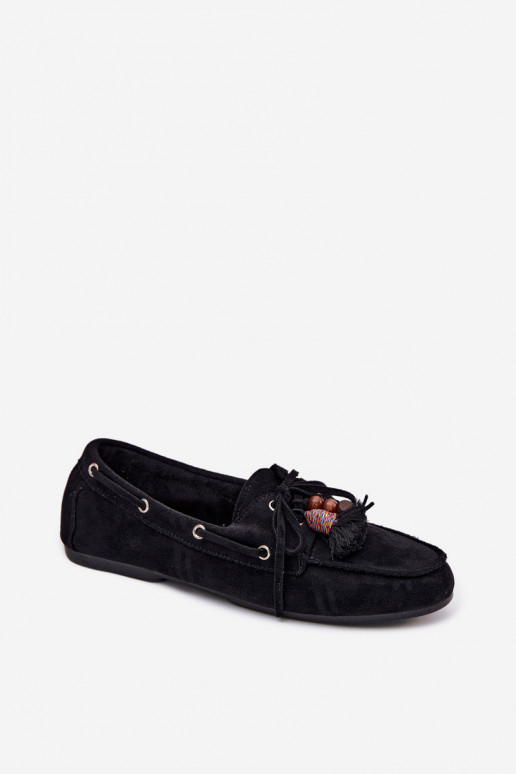 Mocassins femininos pretos com franjas Teresa
