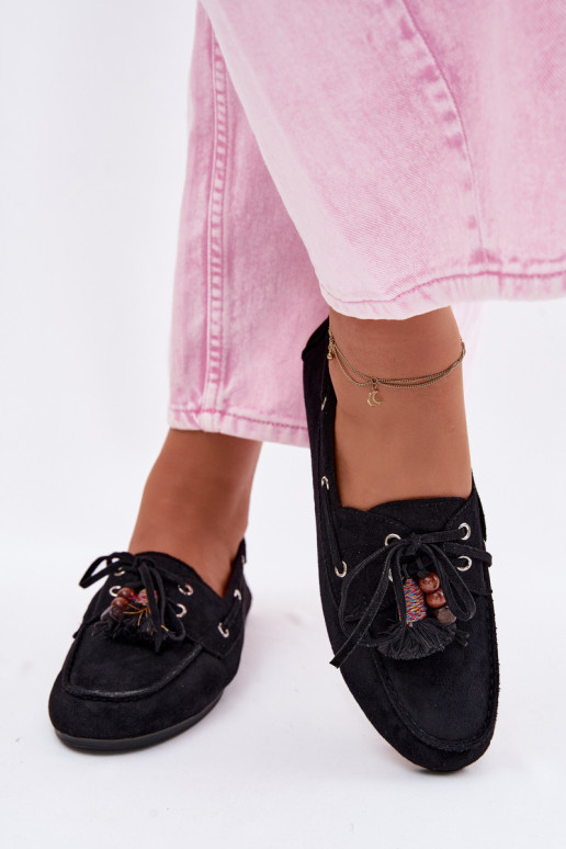 Mocassins femininos pretos com franjas Teresa