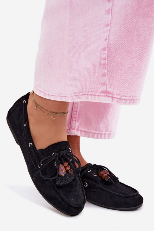 Mocassins femininos pretos com franjas Teresa