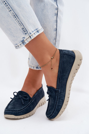 Mocassins de camurça sintética azul escuro para mulheres com laços Vinceza 95401