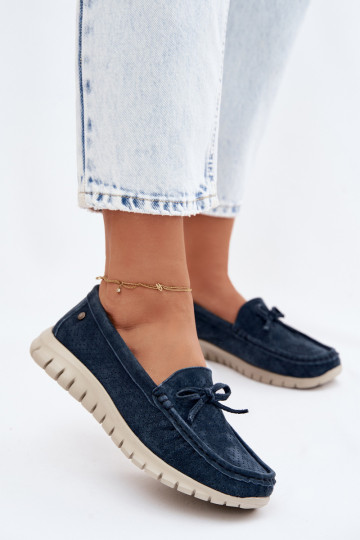 Mocassins de camurça sintética azul escuro para mulheres com laços Vinceza 95401 2