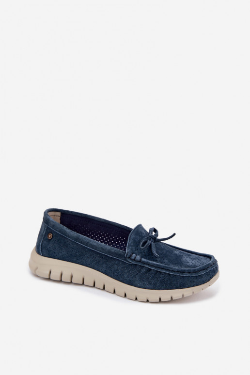 Mocassins de camurça sintética azul escuro para mulheres com laços Vinceza 95401