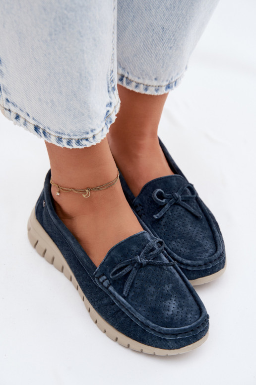 Mocassins de camurça sintética azul escuro para mulheres com laços Vinceza 95401