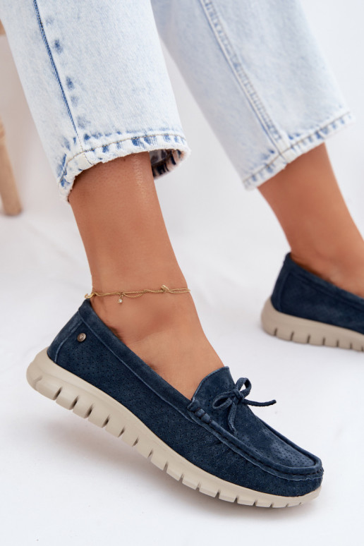Mocassins de camurça sintética azul escuro para mulheres com laços Vinceza 95401