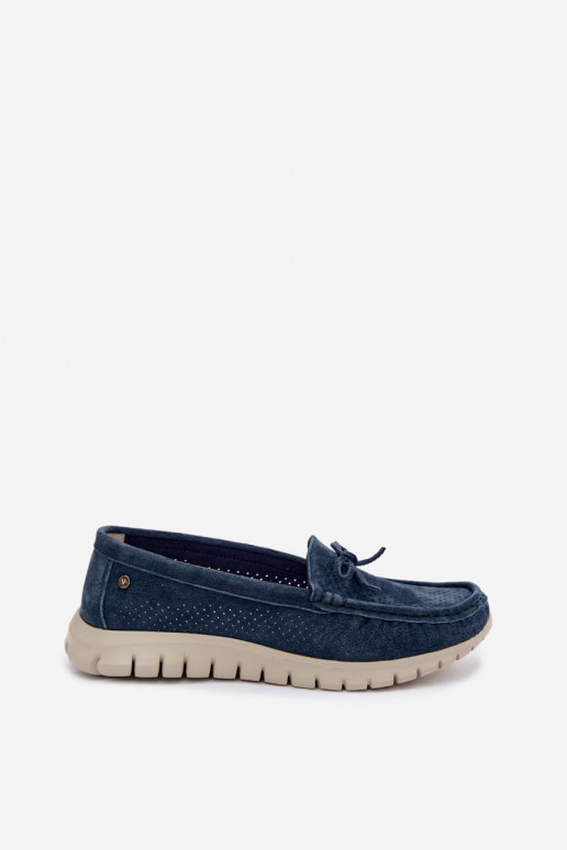 Mocassins de camurça sintética azul escuro para mulheres com laços Vinceza 95401