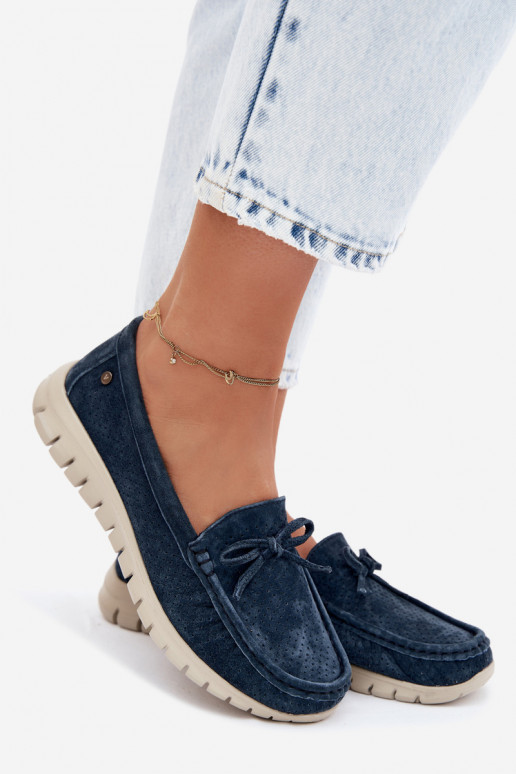 Mocassins de camurça sintética azul escuro para mulheres com laços Vinceza 95401