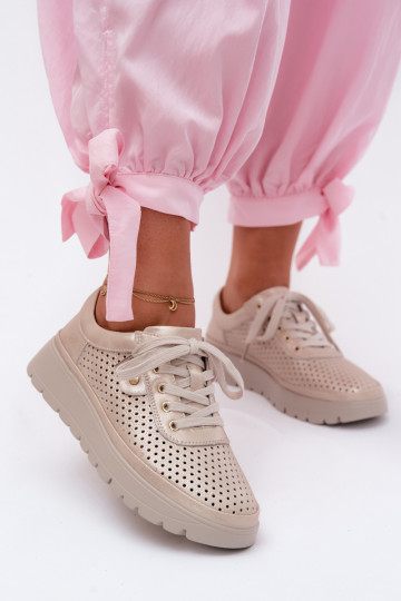 Sapatos de couro perfurados dourados para mulheres Vinceza 79629