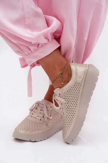 Sapatos de couro perfurados dourados para mulheres Vinceza 79629 2