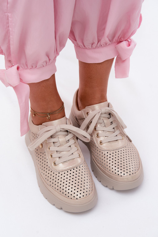 Sapatos de couro perfurados dourados para mulheres Vinceza 79629