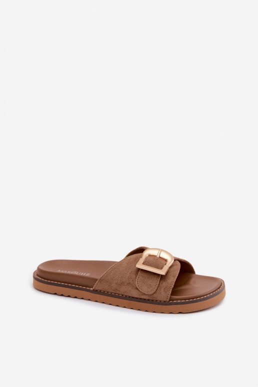 Chinelos femininos com fivelas douradas bege Elviane