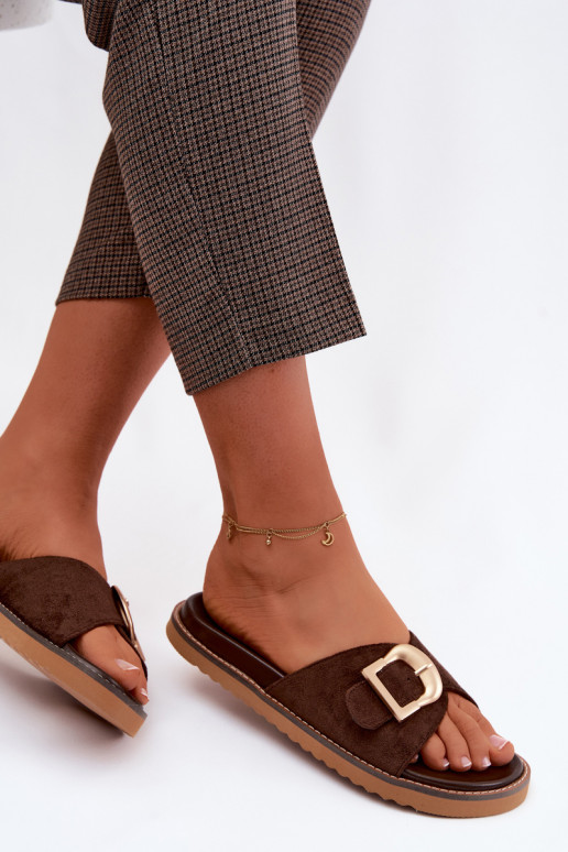 Chinelos femininos com fivelas douradas CzekoladoParae Elviane