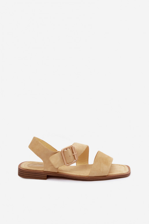 Sandálias femininas com salto largo com fivelas douradas cor amarela Verissea