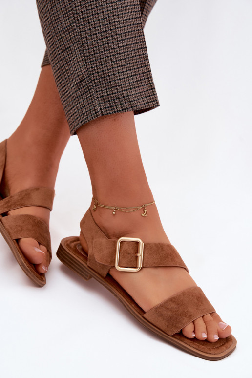 Sandálias femininas com salto largo com fivelas douradas cor marrom Verissea