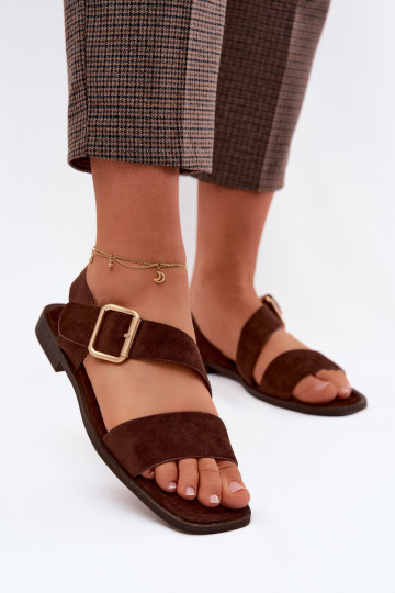 Sandálias femininas com salto largo com fivelas douradas CzekoladoParae Verissea 2