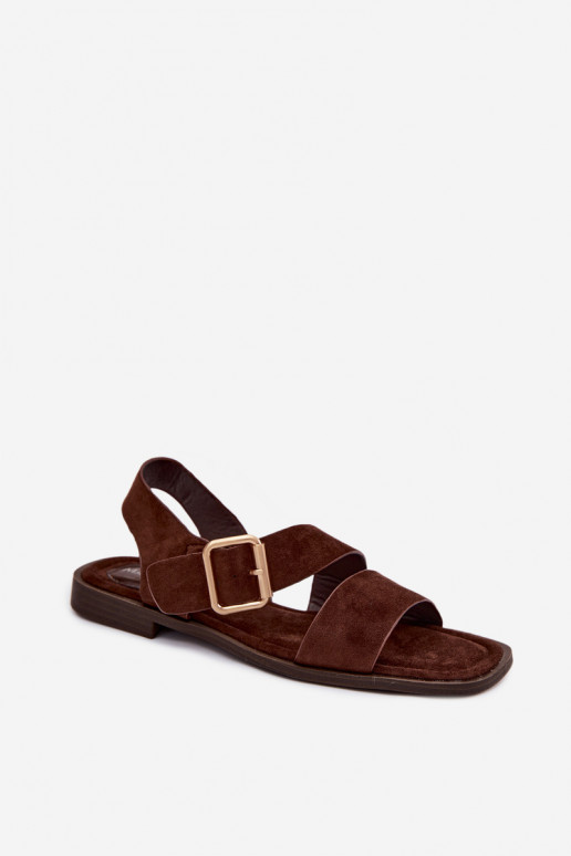 Sandálias femininas com salto largo com fivelas douradas CzekoladoParae Verissea