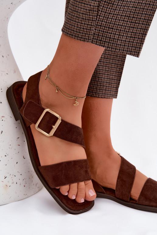 Sandálias femininas com salto largo com fivelas douradas CzekoladoParae Verissea