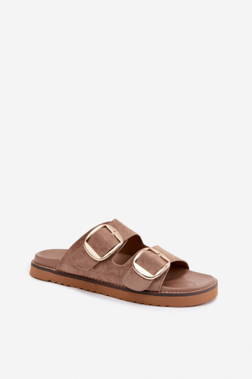 Chinelos femininosImitacji de camurçau cor dourada com fivelas cor cáqui Averia