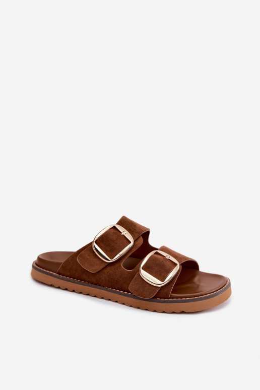 Chinelos femininosImitacji de camurçau cor dourada com fivelas cor marrom Averia