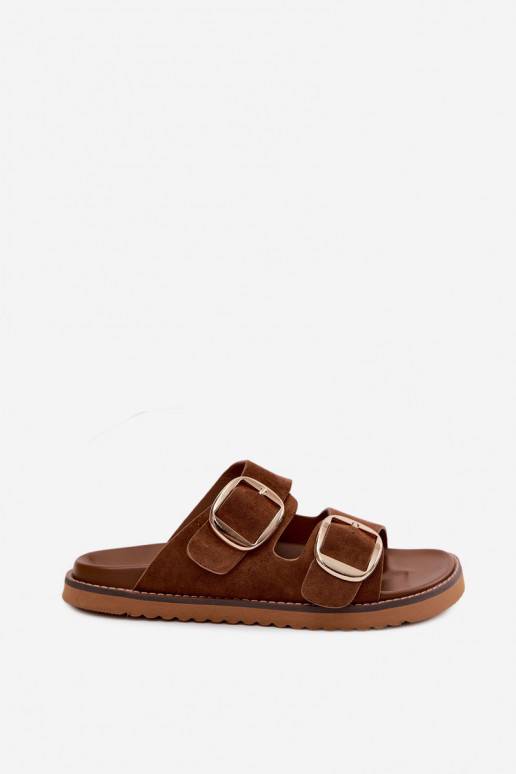 Chinelos femininosImitacji de camurçau cor dourada com fivelas cor marrom Averia