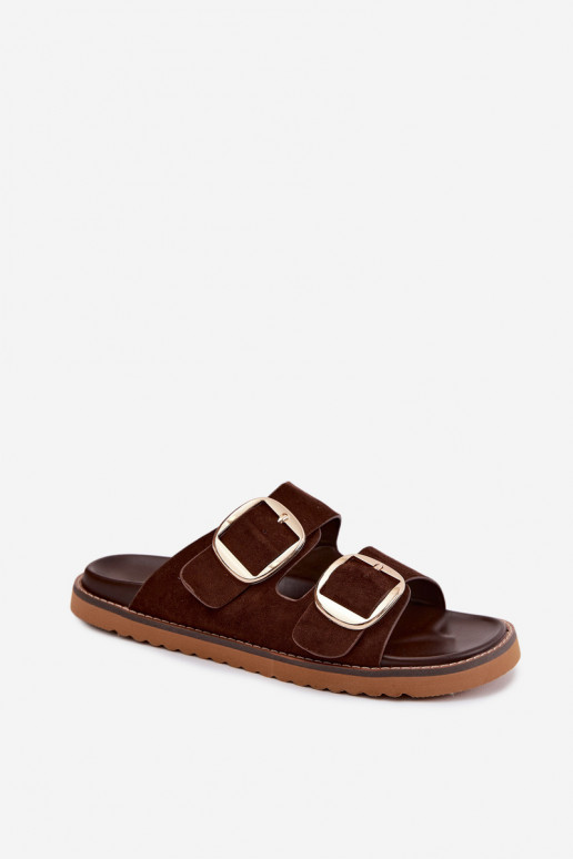 Chinelos femininosImitacji de camurçau cor dourada com fivelas CzekoladoParae Averia