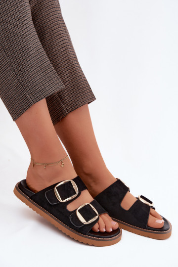 Chinelos femininosImitacji de camurçau cor dourada com fivelas cor preta Averia