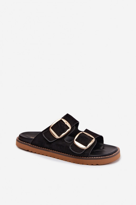 Chinelos femininosImitacji de camurçau cor dourada com fivelas cor preta Averia