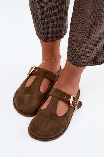 Chinelos femininos MuleImitacji de camurçau cor cáqui Melvia