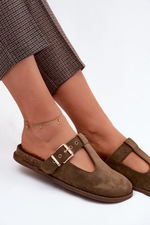 Chinelos femininos MuleImitacji de camurçau cor cáqui Melvia