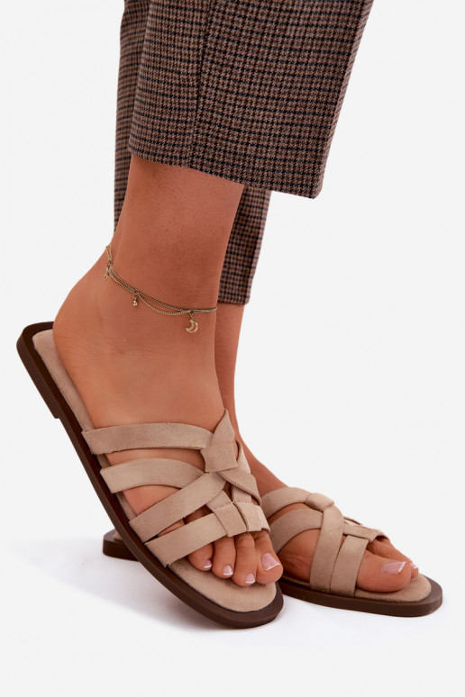 Chinelos Apartamento feminino com listras Imitacja de camurçau bege Calvia