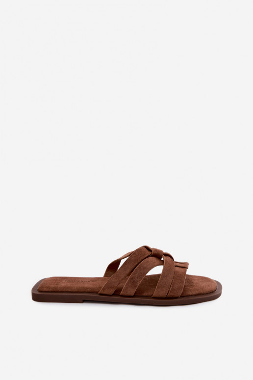 Chinelos Apartamento feminino com listras Imitacja de camurçau cor marrom Calvia