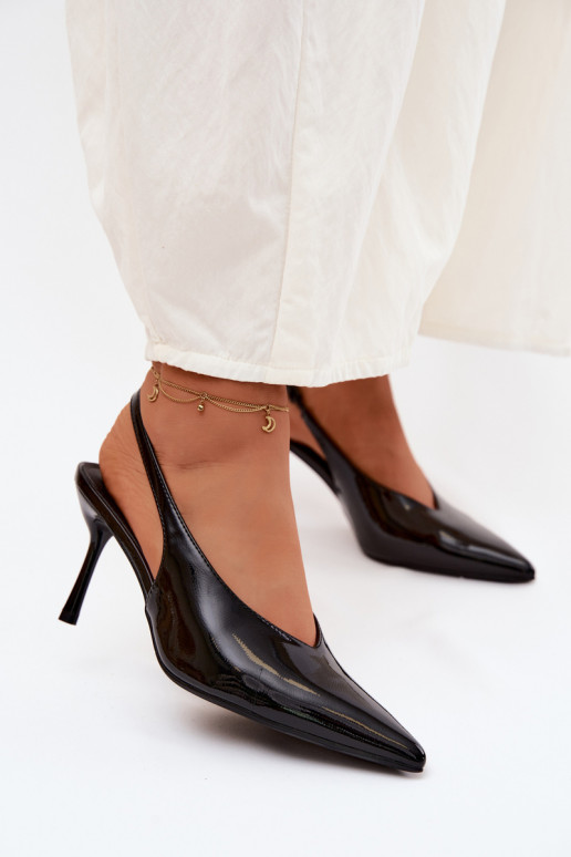 com efeito verniz sapatos de salto alto sandálias de couro ecológico cor preta Norvra