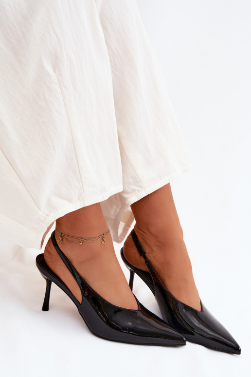 com efeito verniz sapatos de salto alto sandálias de couro ecológico cor preta Norvra