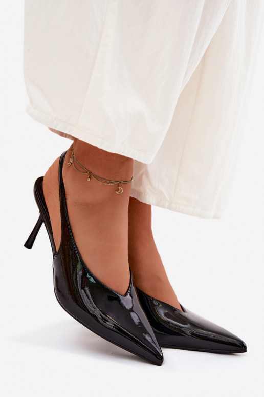 com efeito verniz sapatos de salto alto sandálias de couro ecológico cor preta Norvra