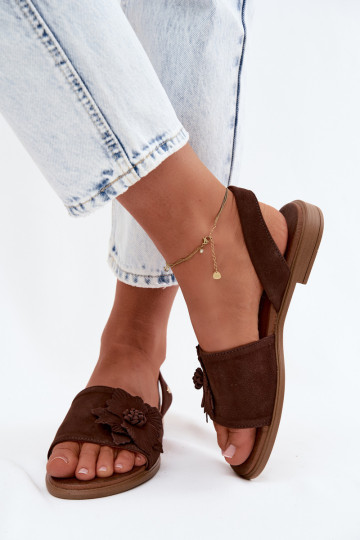 Pele Sandálias de camurça com salto largo Com decorações Uma flor Zazoo 407471 CzekoladoParae 2