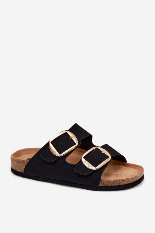 Chinelos femininos com sola de cortiça e fivelas Lee Cooper LCIN-26-35-4455L em preto