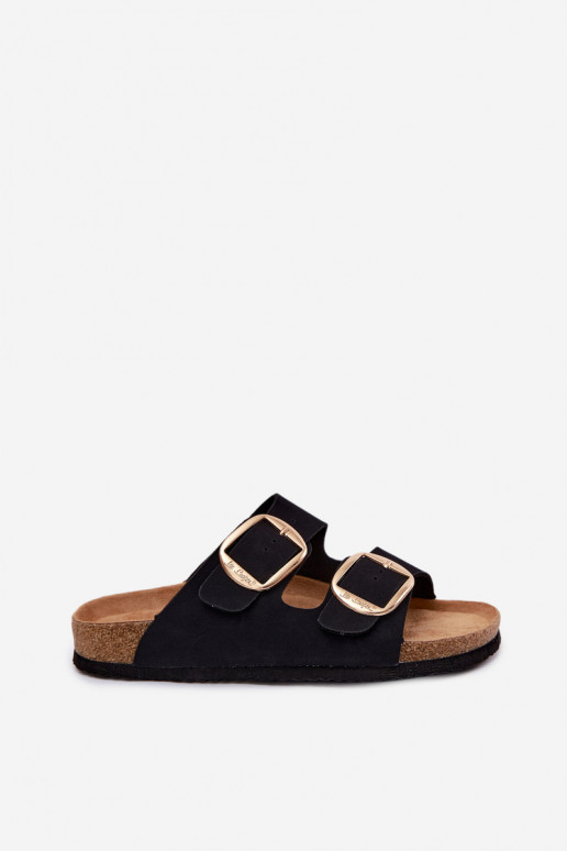 Chinelos femininos com sola de cortiça e fivelas Lee Cooper LCIN-26-35-4455L em preto
