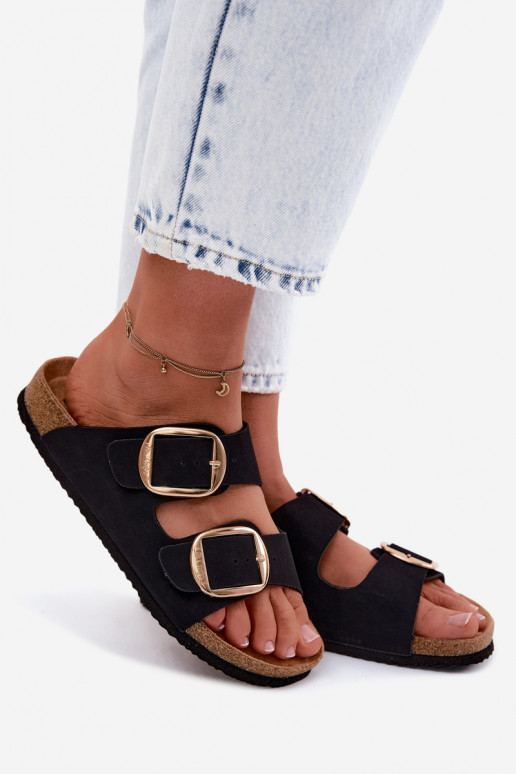 Chinelos femininos com sola de cortiça e fivelas Lee Cooper LCIN-26-35-4455L em preto