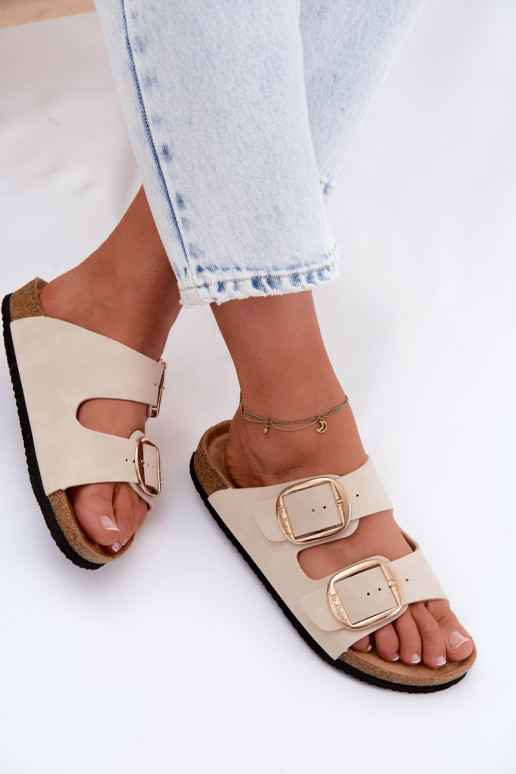 Chinelos femininos com sola de cortiça e fivelas Lee Cooper LCIN-26-35-4454L em areia