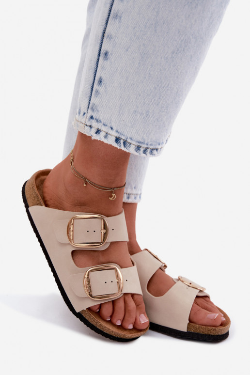 Chinelos femininos com sola de cortiça e fivelas Lee Cooper LCIN-26-35-4454L em areia