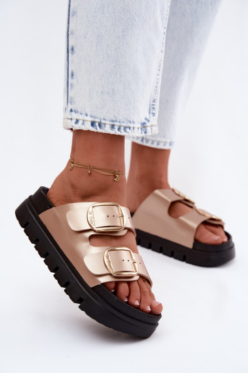 Chinelos femininos com plataforma e fivelas Lee Cooper LCIN-26-35-4462L em dourado