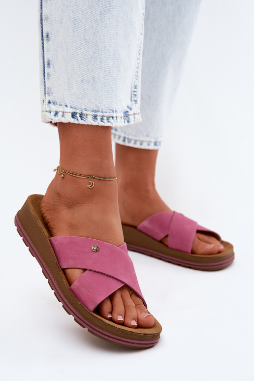 Pele Chinelos femininos de camurça Tem que serciejka P7504-15 cor rosa