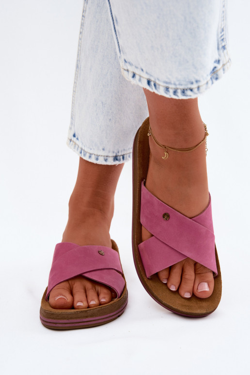 Pele Chinelos femininos de camurça Tem que serciejka P7504-15 cor rosa