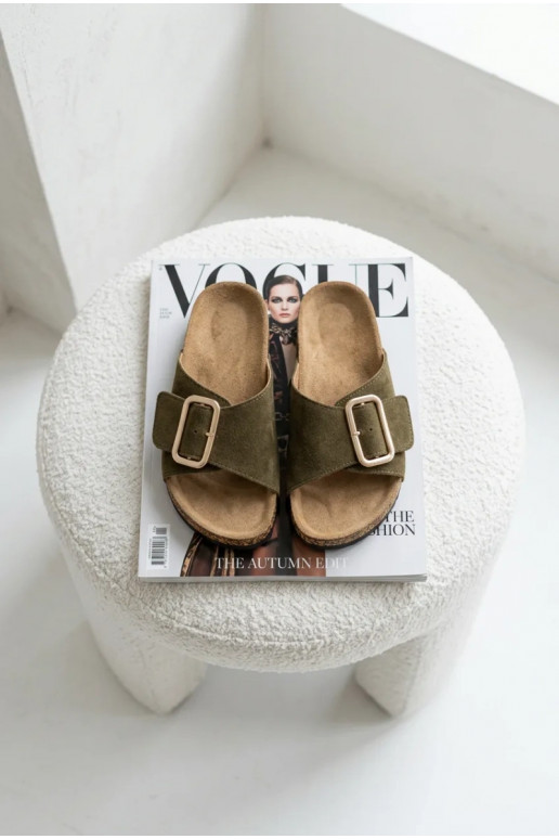 Pele Chinelos femininos de camurça com fivelas cor cáqui Beryl