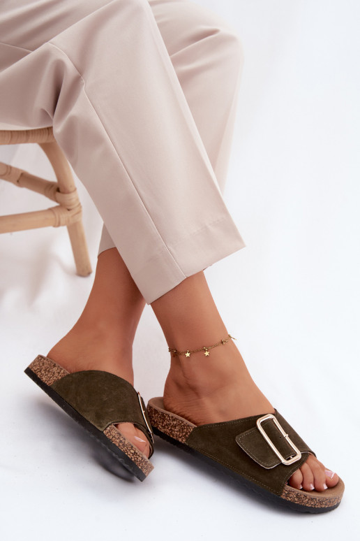 Pele Chinelos femininos de camurça com fivelas cor cáqui Beryl